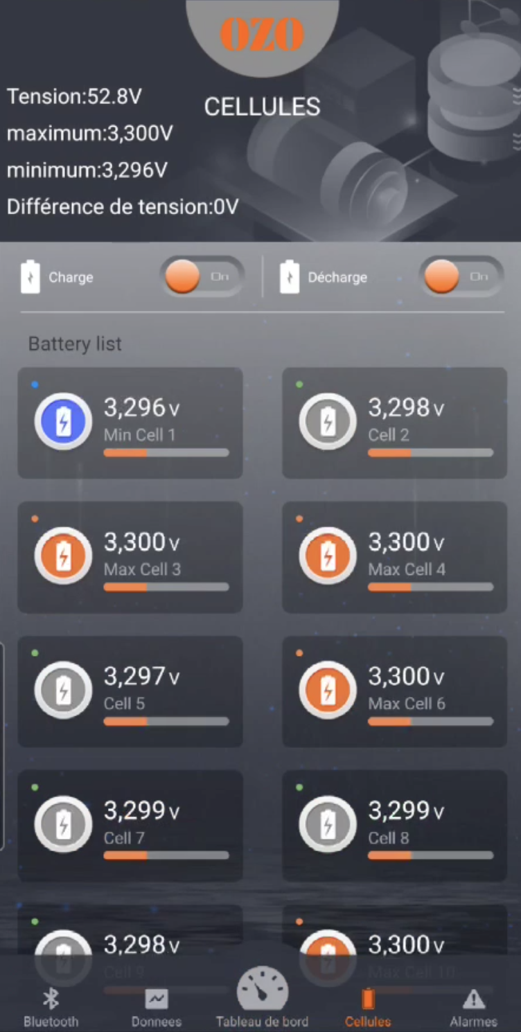 Application OZO Batteries - paramètres batterie